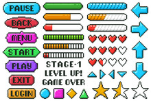 Pixel Game Menu Buttons. Game 8 Bit Ui Controller Arrows, Level And Live Bars, Menu, Stop, Play Buttons Vector Illustration Set. Gaming Menu Buttons