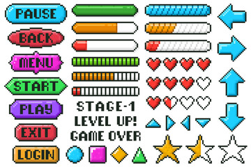 pixel game menu buttons. game 8 bit ui controller arrows, level and live bars, menu, stop, play butt
