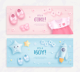 Wall Mural - Set of baby shower invitation with cartoon baby shoes, dress, toys, helium balloons and flowers on blue and pink background. It's a boy. It's a girl. Vector illustration