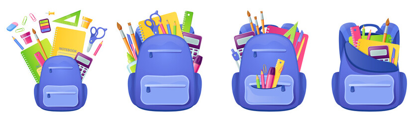 School bag with studying supplies and stationery inside. Backpack with notebook, paints and pen or pencil, ruler, calculator and brush. Back to school concept with student rucksack, Cartoon vector set