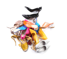 Wall Mural - Heap of different shoes on white background