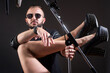 © Volodymyr - Sexy singer singing rock. Sound producer recording song in a music studio. Excited Karaoke.