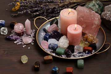 Poster - Healing chakra crystals therapy. Alternative rituals, gemstones for wellbeing, meditation, destress