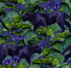 Tropical leaves, panther and orchid. Seamless vintage pattern. Wallpapers with tropical flowers and leaves