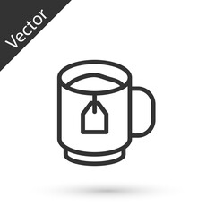 Sticker - Grey line Cup of tea with tea bag icon isolated on white background. Vector