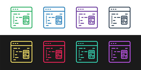 Set line Software, web developer programming code icon isolated on black and white background. Javascript computer script random parts of program code. Vector