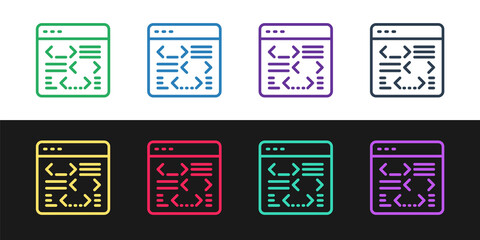 Set line Software, web developer programming code icon isolated on black and white background. Javascript computer script random parts of program code. Vector