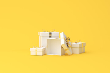 Poster - 3D rendering of gift boxes on yellow background, Minimal scene, Valentine.