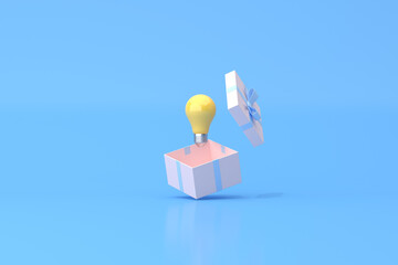 Poster - 3D rendering of yellow light bulb in open gift box on blue background, Minimal scene, Valentine.