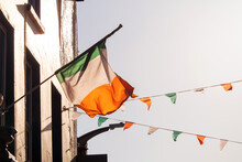 Republic Of Ireland National Flag In A Street. Street Decorated For Special Event