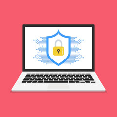 Poster - Computer security concept. Protect your laptop from hacking. Notebook and shield icon with padlock. Vector illustration.