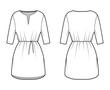 Dress tunic technical fashion illustration with tie, elbow sleeves, oversized body, mini length skirt, slashed neck. Flat apparel front, back, white color style. Women, men CAD mockup