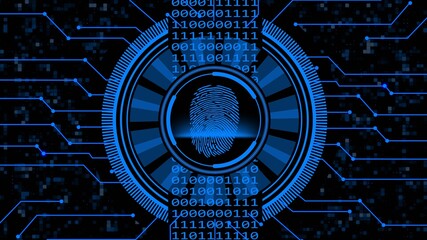 Poster - Secure technology concept - fingerprint binary code hud connecting lines - graphic elements in blue on dark dotted background - 3D Illustration