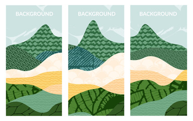 Wall Mural - Set of abstract landscape vector background illustration. Countryside with colorful texture. Bundle of decorative eco cards. Nature, ecology, organic, environment banners, postcard, poster design