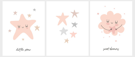 Wall Mural - cute simple vector illustrations with pink fluffy smiling clouds and stars on a white background. si