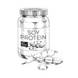 Soy protein jar and soybean pods, retro hand-drawn vector illustration.