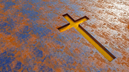 Wall Mural - Concept or conceptual golden cross on a rusted corroded metal or steel sheet background. 3d illustration metaphor for God, Christ, religious, faith, holy, spiritual, Jesus, belief or resurection