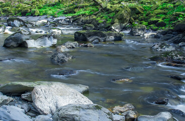 Wall Mural - A small river in the mountains with clear water in Wales UK