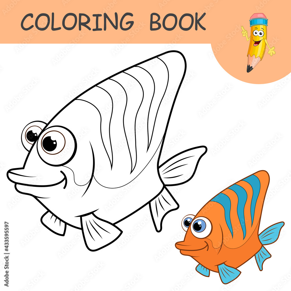 Coloring book with funny orange Fish. Colorless and color samples coral ...