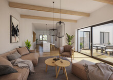 Interior Of House Apartment With Open Roof Stucture. Comfortable Living Room With Open Space, 3D Rendering