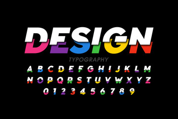 Modern style font, bright colorful typography design, alphabet letters and numbers, vector illustration