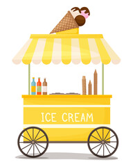 Colorful ice cream cart vector. Street kiosk, icecream vending booth isolated cartoon object on white background. Stand selling delicious summer dessert sale