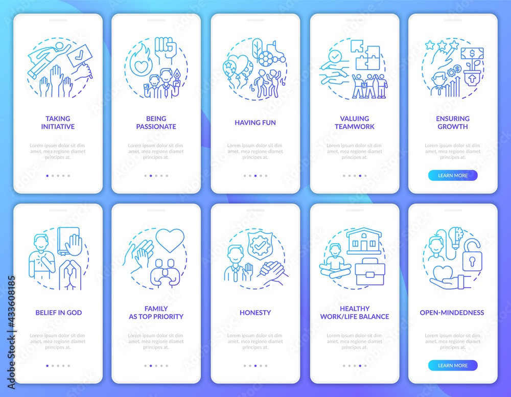 Business, individual ethics onboarding mobile app page screen with ...