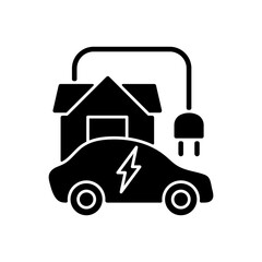 Wall Mural - Home EV charging point black glyph icon. Fueling up electronic vehicle at home. Convinient place to charge electromobile. Natural fuel. Silhouette symbol on white space. Vector isolated illustration