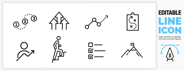 Editable line icon set of ambition, progress and personal growth