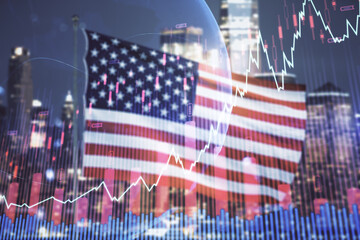 Poster - Multi exposure of virtual creative financial graph and world map on USA flag and blurry cityscape background, forex and investment concept