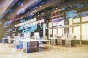 Aufkleber - Double exposure of abstract programming language interface on modern corporate office background, research and development concept