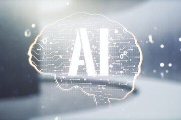 Aufkleber - Double exposure of creative human brain microcircuit hologram on empty room interior background. Future technology and AI concept