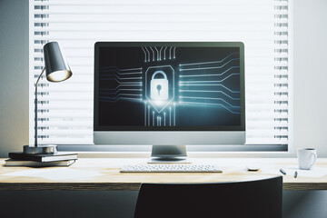 Poster - Modern computer monitor with creative lock hologram and chip. Information security concept. 3D Rendering
