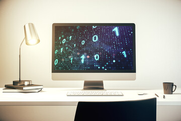 Poster - Creative abstract binary code sketch on modern laptop monitor, hacking and matrix concept. 3D Rendering
