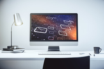 Poster - Creative abstract postal envelopes hologram on modern computer monitor, email and notification concept. 3D Rendering