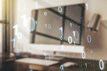 Poster - Creative concept of binary code illustration on modern laptop background. Big data and coding concept. Multiexposure
