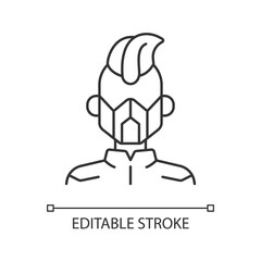 Sticker - Mask black glyph icon. Cyborg man. Person from dystopian future. Cyberpunk movie, sci fi game. Thin line customizable illustration. Contour symbol. Vector isolated outline drawing. Editable stroke