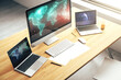 © Pixels Hunter - Abstract creative digital world map on modern laptop monitor, tourism and traveling concept. 3D Rendering