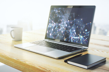 Poster - Creative abstract wireless technology hologram on modern computer monitor, artificial intelligence and machine learning concept. 3D Rendering