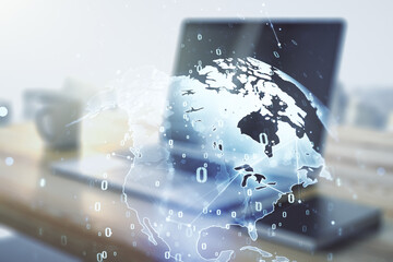Aufkleber - Multi exposure of abstract software development hologram with world map and modern desktop with laptop on background, global research and analytics concept