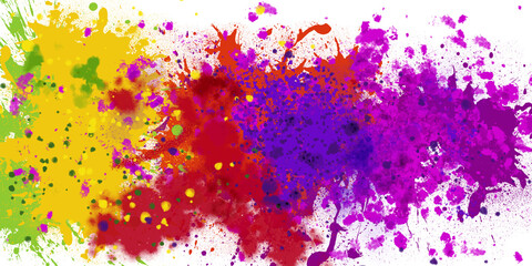 Poster - Composition of paint splashes in vibrant pink, purple, red, yellow and green colours on white