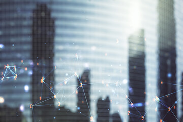 Poster - Abstract virtual wireless technology hologram on office buildings background. Big data and database concept. Multiexposure
