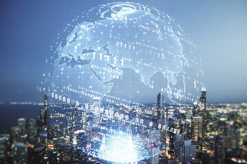 Poster - Abstract virtual coding illustration and world map on Chicago cityscape background, international software development concept. Multiexposure