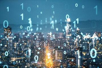 Poster - Abstract virtual binary code illustration on San Francisco skyline background. Big data and coding concept. Multiexposure