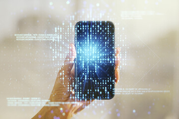 Poster - Creative concept of code skull illustration and hand with phone on background. Hacking and phishing concept. Multiexposure