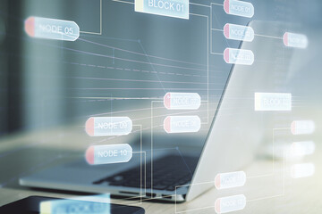 Poster - Multi exposure of abstract software development hologram on laptop background, research and analytics concept