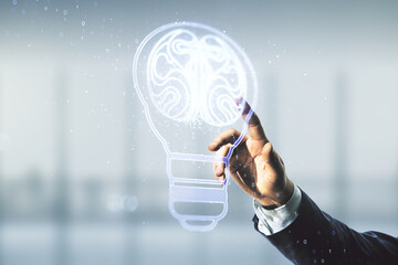 Aufkleber - Man hand presses on abstract virtual idea concept with light bulb and human brain illustration on blurred office background. Neural networks and machine learning concept. Multiexposure