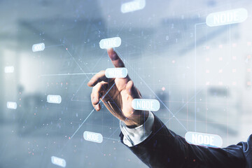 Aufkleber - Multi exposure of developer hand working with abstract programming language hologram on blurred office background, artificial intelligence and machine learning concept