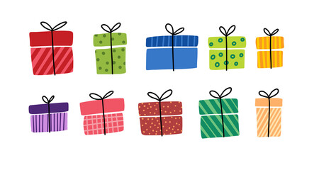 Wall Mural - Gift boxes, presents vector icon set. Hand drawn doodle collection isolated on white. For Sale Birthday Christmas