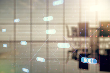 Poster - Multi exposure of abstract creative coding sketch on a modern conference room background, artificial intelligence and neural networks concept